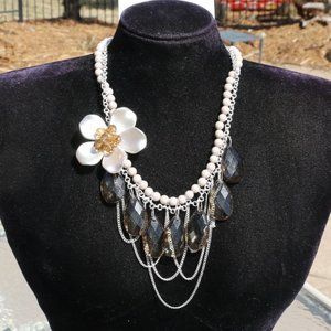 Boho Necklace Earrings Set Flower Crystal Teardrop Brushed Silvertone Dressy NWT